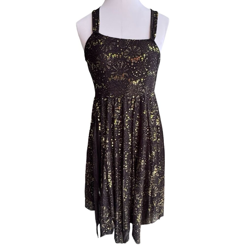 Revolution Black w/Gold Sequin Dance Dress Costume Sz MA‎ FireFlies Crisscross